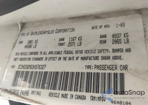 2003 Chrysler Concorde Lxi z USA, uszkodzony, nr VIN 2C3HD36M63H576327